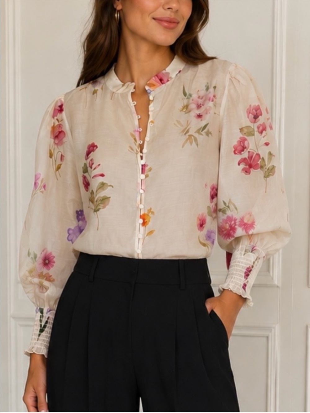 Bailey 44 Floral Puff Sleeve Button Front Long Sleeve Spring Blouse L Whimsy